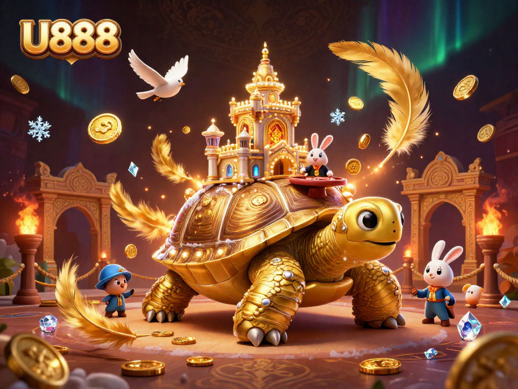 Win big at U888 with this vibrant casino illustration featuring a golden tortoise and festive gameplay elements.