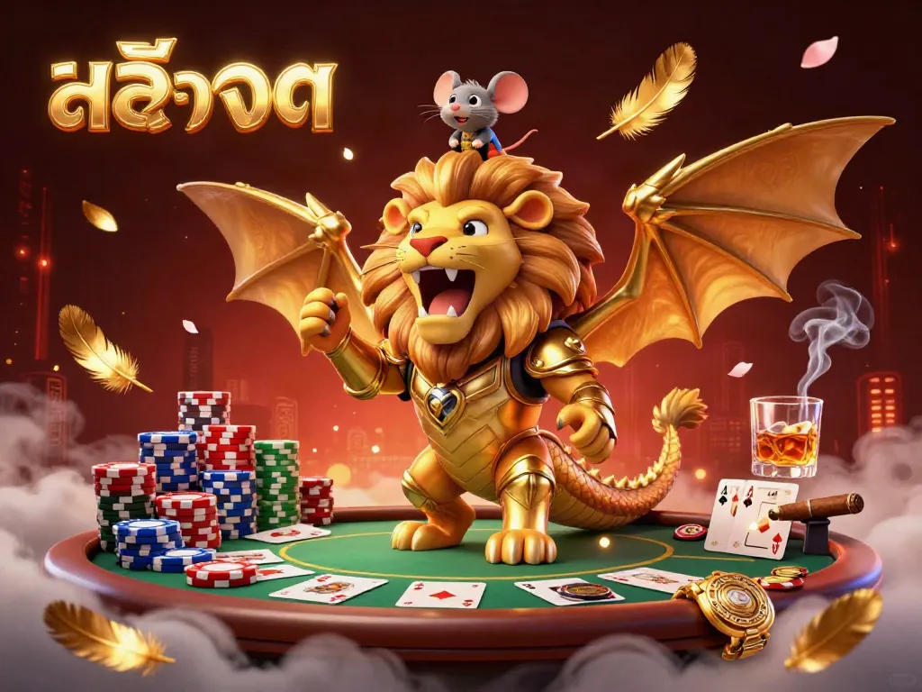 Experience thrilling สล็อต gameplay with a dynamic scene featuring a chimera and poker elements.