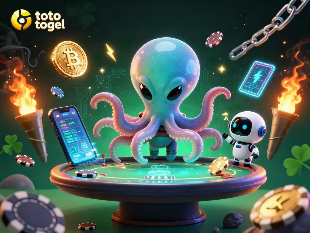 Mengelola permainan toto togel dengan alien kartun 3D dan robot di atas meja poker holografis.