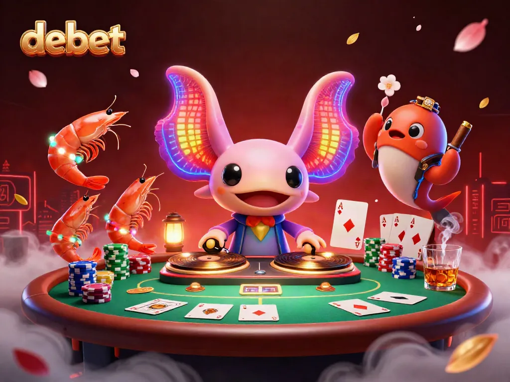 Experience the vibrant debet gaming scene with a neon axolotl DJ and poker elements.