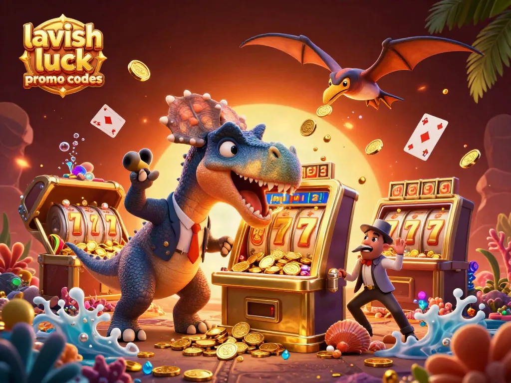 Experience lavish luck promo codes with a 3D dinosaur scene, winning big on a golden slot machine.