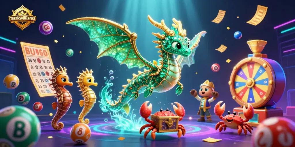 Markwwilliams engages players in a vibrant and interactive lottery-themed 3D scene filled with dynamic elements.