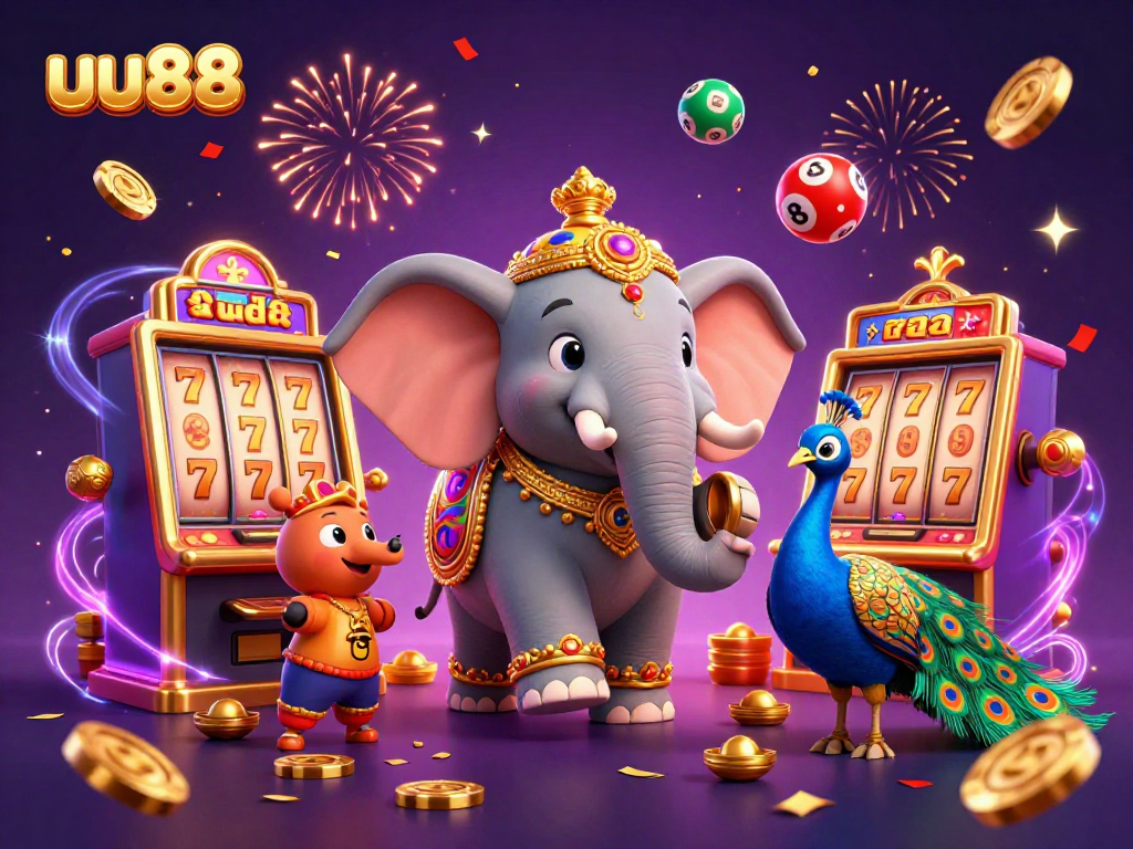 Engage with the dynamic uu88 casino experience featuring a vibrant 3D elephant and colorful slot machines.