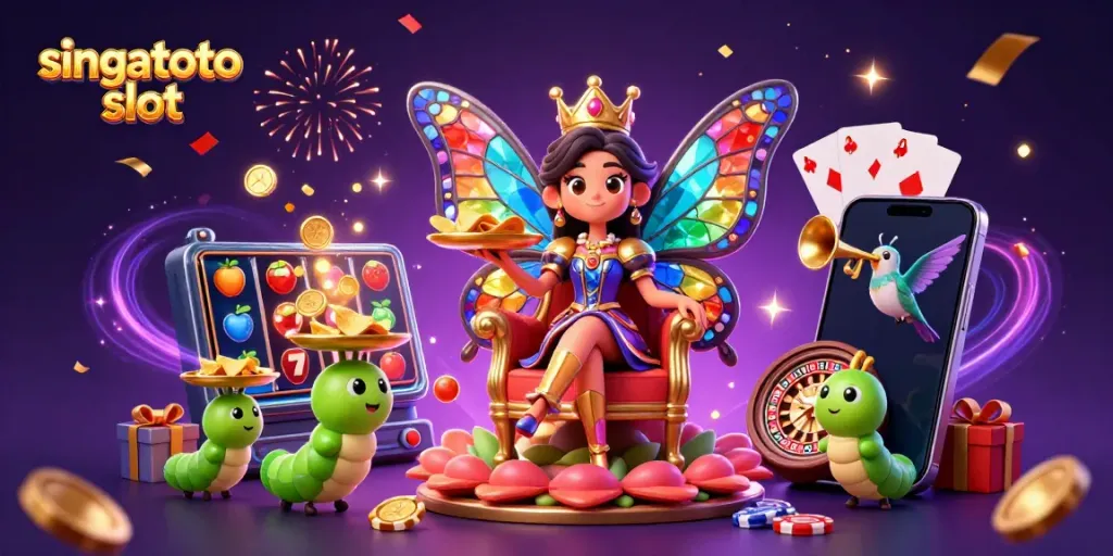 Experience the excitement of singatoto slot with a vibrant 3D illustration featuring symbols of luck and richness.
