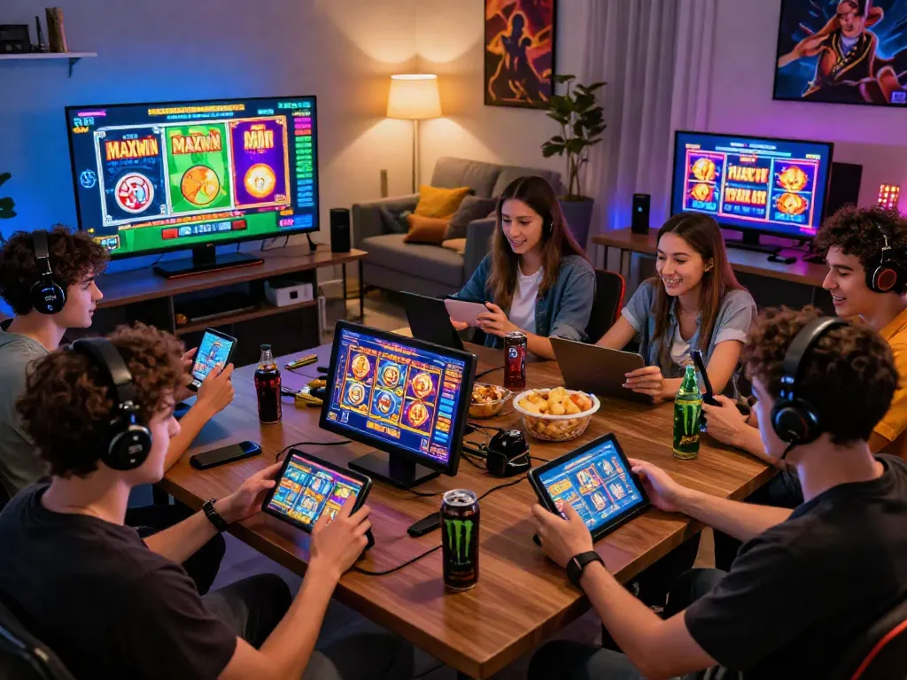 Friends enjoying a lively gaming session focusing on slot maxwin games with vibrant graphics and interactive features in a stylish home environment.