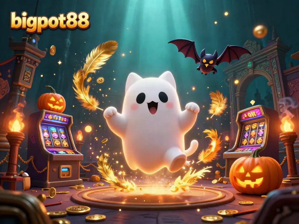Engage in thrilling play at bigpot88 with a ghost cat in a haunted casino scene.