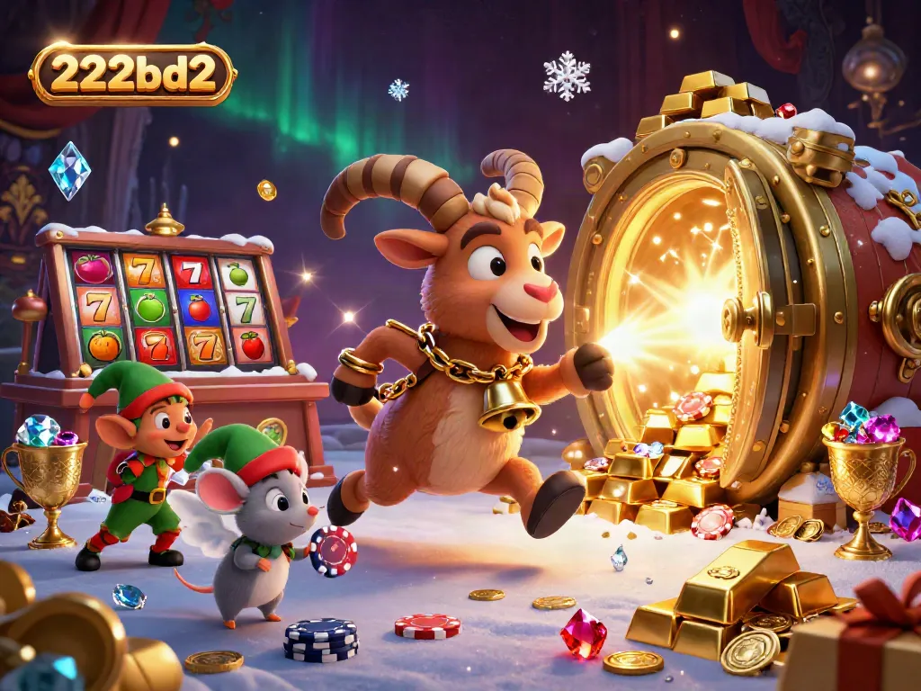 Engage with the 222bd2 casino scene featuring a Krampus goat, angel mouse, and elf gremlins amidst vibrant slot reels and gold treasures.