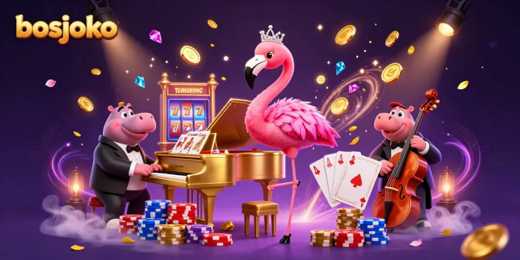 Experience the excitement of winning at bosjoko with colorful slot machines, lively characters, and dynamic casino elements.